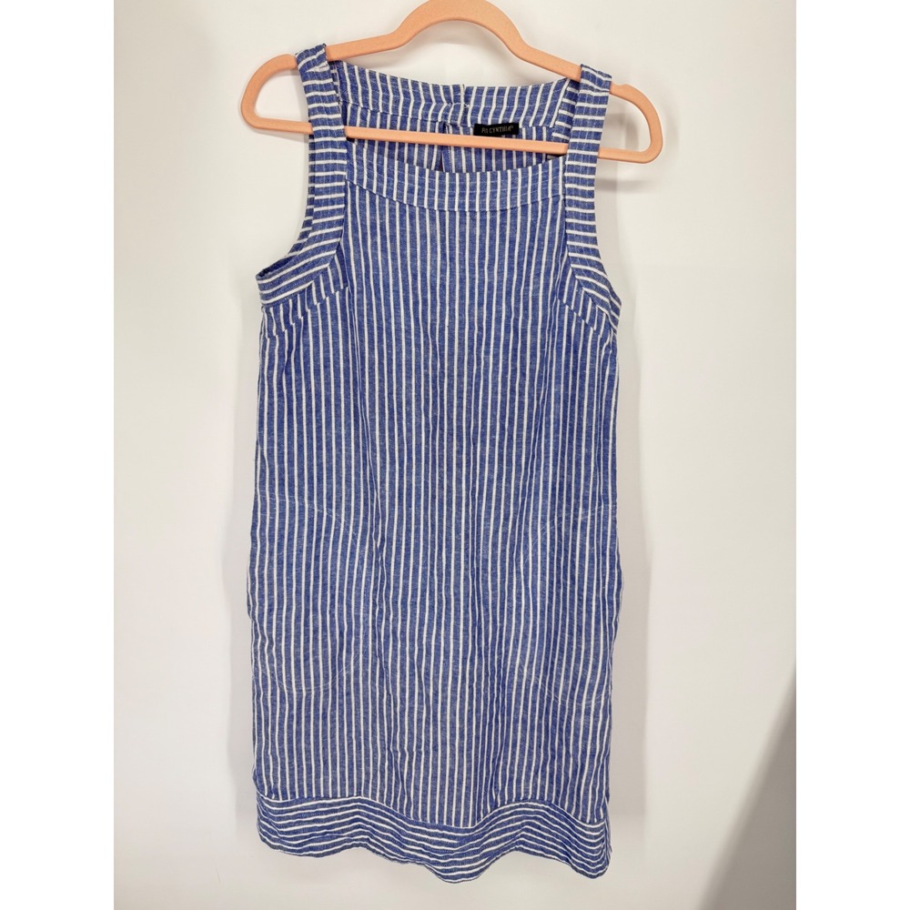 For Cynthia Shift Dress Womens Blue Striped Linen Blend Side Button Sleeveless